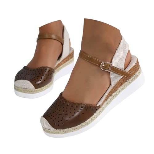 Keilabsatz Schuhe Damen Retro Atmungsaktive Espadrilles Sandalen 2025 Sommer Lässige Sandaletten Reise Urlaub Geschlossener Zehen Rutschfeste Leinenschuhe mit Verstellbaren Riemchen (Brown, 37.5) von VBEDKDEB