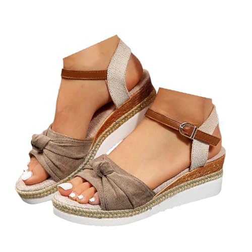 Keilabsatz Schuhe Damen Retro Bequem Espadrilles Sandalen Frauen Offenem Zehen Verstellbaren Riemchen Rutschfeste Sandaletten 2025 Sommer Lässige Strand Reise Urlaub Leinensandalen (Khaki, 37.5) von VBEDKDEB