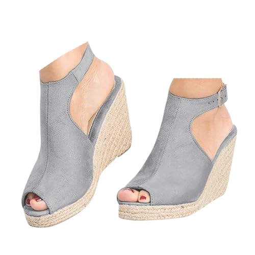 Keilabsatz Schuhe Damen Wildleder Plateau Leder Sandalen Frauen Peeptoe Verstellbaren Riemchen Rutschfeste Espadrilles Sandaletten 2025 Sommer Lässige Strand Reise Urlaub Wanderschuhe (Grey, 35) von VBEDKDEB