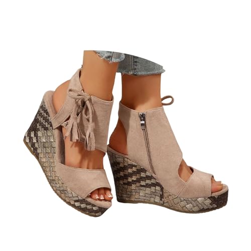 Keilabsatz Schuhe Damen Wildleder Plateau Sandalen Frauen Peeptoe Seite Schnürung Reißverschluss Rutschfeste Sandaletten 2025 Sommer Lässige Wandersandalen Reise Urlaub Keilsandalen (Beige, 38.5) von VBEDKDEB
