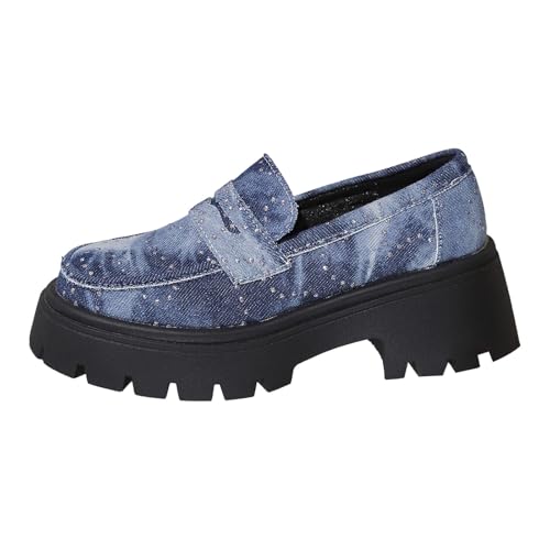 Loafer Damen Flache Mokassins Slipper Damen Loafer Dicke Sohle Erhöhte Slip On Denim Fashion Low Top Freizeitschuhe Halbschuhe Slip on Komfort Flats (Blue, 41) von VBEDKDEB