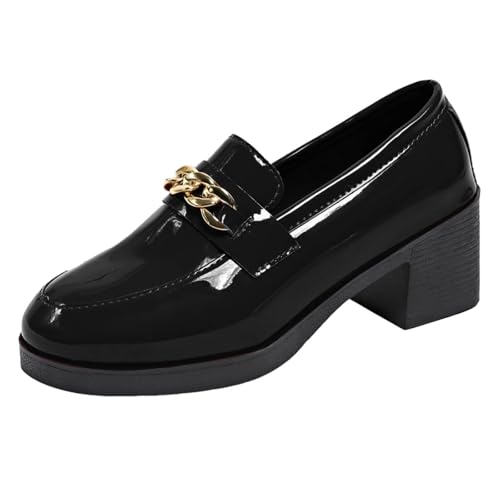 Loafer Damen Flache Mokassins Slipper Glänzende Loafer für Damen mit dicken Absätzen und runden Zehen, modische Slip On High Heels Schleife, Freizeitschuhe Halbschuhe Schlupfschuhe Bequem (Navy, 38) von VBEDKDEB