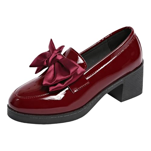Loafer Damen Flache Mokassins Slipper Glänzende Loafer für Damen mit dicken Absätzen und runden Zehen, modische Slip On High Heels Schleife, Freizeitschuhe Halbschuhe Schlupfschuhe Bequem (Red, 39) von VBEDKDEB