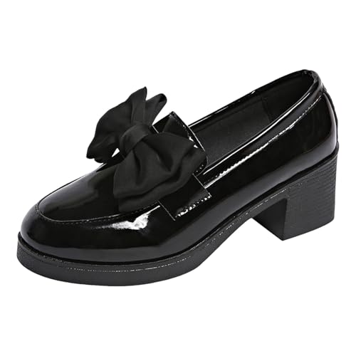 Loafer Damen Flache Mokassins Slipper Glänzende Loafer für Damen mit dicken Absätzen und runden Zehen, modische Slip On High Heels Schleife, Freizeitschuhe Halbschuhe Schlupfschuhe Bequem Flach (41) von VBEDKDEB
