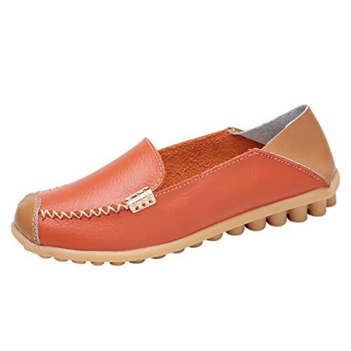 Loafer Damen Flache Mokassins Slipper Mode Frauen atmungsaktive Spitze up Schuhe Wohnung beiläufige Bequem Slip on Bequemschuhe Komfort (Orange, 42) von VBEDKDEB