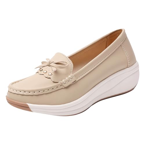 Loafer Damen Flache Mokassins Slipper Plateauschuhe für Damen mit dicker Sohle, die Höhe erhöhen, modische Slipper weicher geschlossene Zehenpartie, flache Öffnung, Bequem Slip on Komfort (Beige, 39) von VBEDKDEB