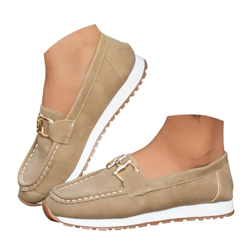 Loafer Damen Flache Mokassins Slipper Plateauschuhe für Damen mit dicker Sohle, die Höhe erhöhen, modische Slipper weicher geschlossene Zehenpartie, flache Schlupfschuhe Bequemschuhe (Khaki, 38) von VBEDKDEB