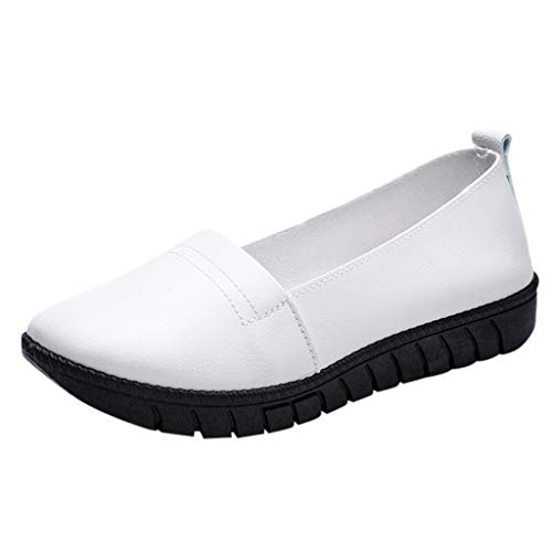 Loafer Damen Flache Mokassins Slipper Rundes Boot einzelne Flache Freizeitschuhe Zehen Schuhe Slip on faul Frauen Damenschuhe Halbschuhe Bequem Slip on Flach (White, 41) von VBEDKDEB