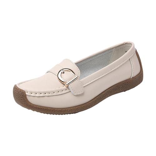 Loafer Damen Flache Slipper Mokassins Bequeme Flache Loafer für Damen, zum Hineinschlüpfen, Leder Schuhe, Outdoor Fahrschuhe Schlupfschuhe Bequem Bequemschuhe Flach (Beige, 43) von VBEDKDEB