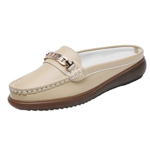 Loafer Damen Flache Slipper Mokassins Bequeme Flache Slipper für Damen, zum Hineinschlüpfen, Schuhe, Halbschuhe, Mom Freizeitschuhe Halbschuhe Slip on Komfort Flach (Beige, 43) von VBEDKDEB