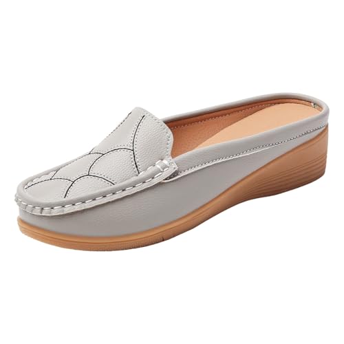 Loafer Damen Flache Slipper Mokassins Damen Lederschuhe mit Baotou, modische Oberbekleidung, offener Absatz, Slip On Plateau, weiche Sohle, Freizeitschuhe Bequem Slip on Bequemschuhe Flats (Grey, 38) von VBEDKDEB