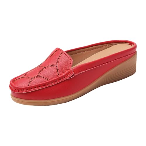 Loafer Damen Flache Slipper Mokassins Damen Lederschuhe mit Baotou, modische Oberbekleidung, offener Absatz, Slip On Plateau, weiche Sohle, Freizeitschuhe Bequem Slip on Bequemschuhe Flats (Red, 41) von VBEDKDEB