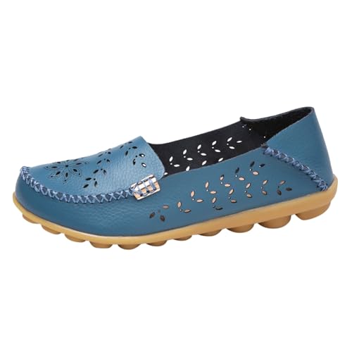 Loafer Damen Flache Slipper Mokassins Damen Sommermode Leder Hohl Freizeitschuhe EIN Slip On Atmungsaktive kleine weiße Schuhe Schlupfschuhe Slip on Bequemschuhe Flach (Blue, 39) von VBEDKDEB