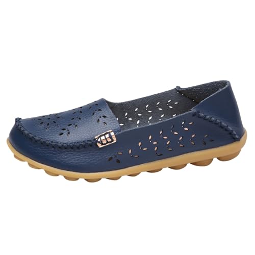 Loafer Damen Flache Slipper Mokassins Damen Sommermode Leder Hohl Freizeitschuhe EIN Slip On Atmungsaktive kleine weiße Schuhe Schlupfschuhe Slip on Bequemschuhe Flach (Dark Blue, 42) von VBEDKDEB