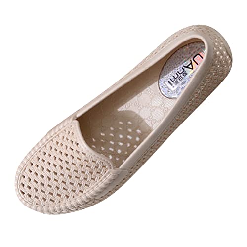 Loafer Damen Flache Slipper Mokassins Damenschuhe Flacher Boden beiläufige atmungsaktive Hohle Freizeitschuhe weicher Baotou Mutterschuhe Strand Schuhe Halbschuhe Slip on Bequemschuhe (Khaki, 38) von VBEDKDEB