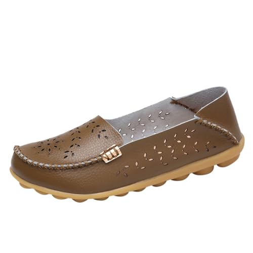 Loafer Damen Flache Slipper Mokassins Damenschuhe Grobe Absätze Kurze Lederstiefel Stiefel High Heels Damenstiefel Mode Reißverschlussstiefel Halbschuhe Schlupfschuhe Komfort Flats (Khaki, 42) von VBEDKDEB