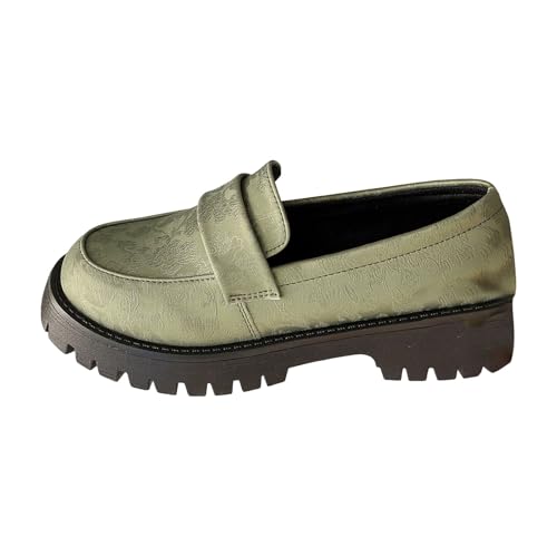 Loafer Damen Flache Slipper Mokassins Damenschuhe aus Leder mit Dicker Sohle und Aufdruck im britischen Stil Schlupfschuhe Bequem Slip on Flats (Green, 38) von VBEDKDEB