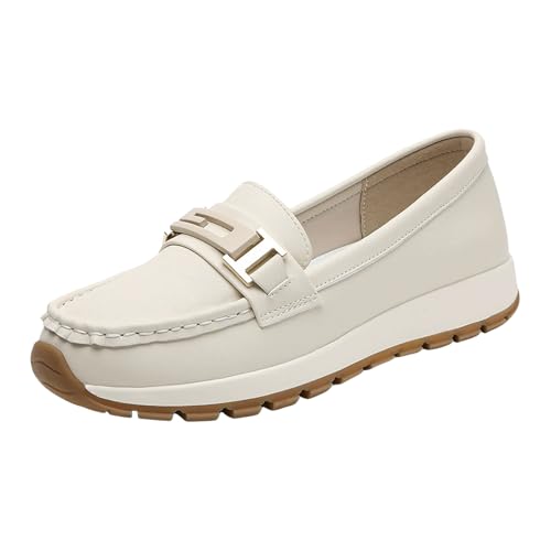 Loafer Damen Flache Slipper Mokassins Leichte Slipper für Damen mit Metall Freizeitschuhen, Farbe, einfache Schuhe Schlupfschuhe Slip on Komfort Flach (Beige, 40) von VBEDKDEB