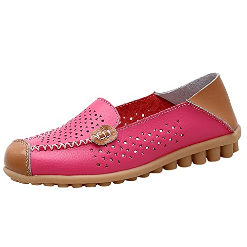 Loafer Damen Flache Slipper Mokassins Mode Frauen atmungsaktive Spitze up Schuhe Wohnung beiläufige Halbschuhe Bequem Slip on Komfort (Watermelon Red, 41) von VBEDKDEB