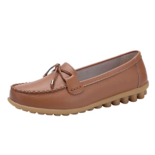 Loafer Damen Flache Slipper Mokassins Mode Frauen atmungsaktive Spitze up Schuhe Wohnung beiläufige Halbschuhe Schlupfschuhe Slip on Flats (Brown, 42) von VBEDKDEB