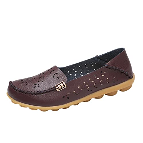Loafer Damen Flache Slipper Mokassins Mode Frauen atmungsaktive Spitze up Schuhe Wohnung beiläufige Schlupfschuhe Bequem Slip on Bequemschuhe (Coffee, 37) von VBEDKDEB