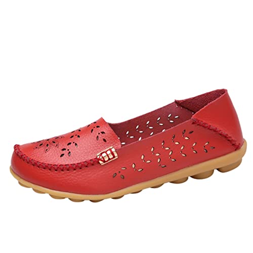 Loafer Damen Flache Slipper Mokassins Mode Frauen atmungsaktive Spitze up Schuhe Wohnung beiläufige Schlupfschuhe Bequem Slip on Bequemschuhe (Red, 42) von VBEDKDEB