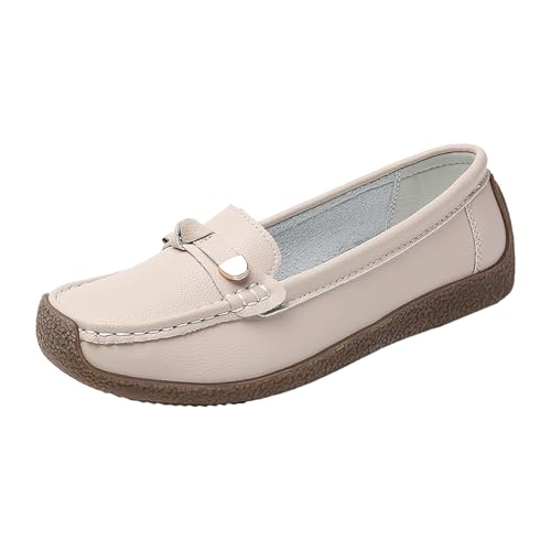 Loafer Damen Flache Slipper Mokassins Plus Size Loafers Neue Casual Flat Damen Einzelschuhe Schuhe Mama Dicke Sohle Halbschuhe Schlupfschuhe Bequem Komfort (Beige, 43) von VBEDKDEB