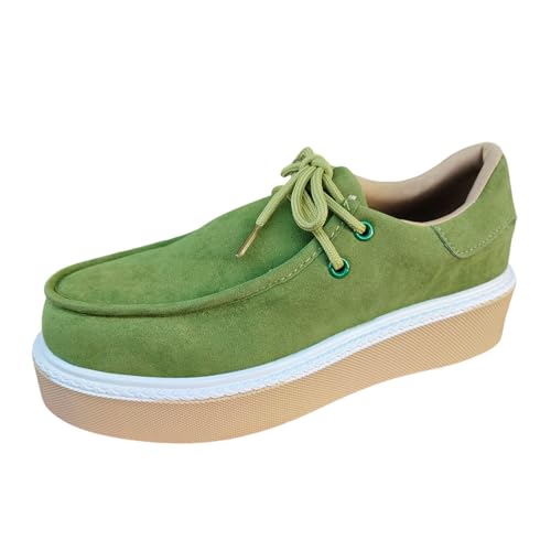 Loafer Damen Flache Slipper Mokassins Retro Solid Schnürschuhe mit runder Zehenpartie Dicker Sohle. Freizeitschuhe Halbschuhe Schlupfschuhe Slip on Bequemschuhe (Green, 37) von VBEDKDEB