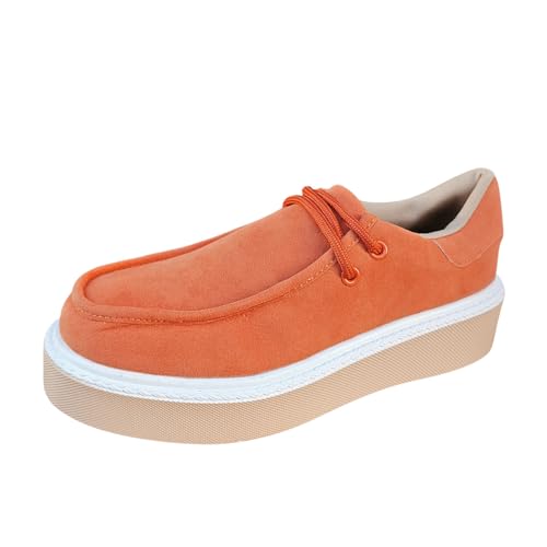 Loafer Damen Flache Slipper Mokassins Retro Solid Schnürschuhe mit runder Zehenpartie Dicker Sohle. Freizeitschuhe Halbschuhe Schlupfschuhe Slip on Bequemschuhe (Orange, 41) von VBEDKDEB