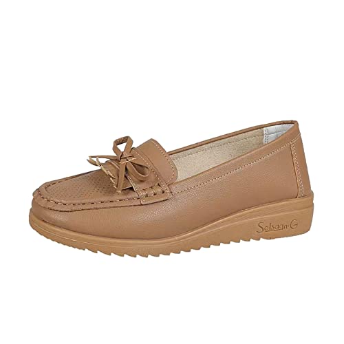 Loafer Damen Flache Slipper Mokassins einfarbige atmungsaktive Lederschleife verzierte Flache lässige Einzelschuhe Halbschuhe Schlupfschuhe Bequem Slip on (Khaki, 38) von VBEDKDEB