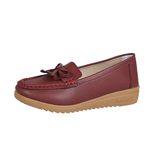 Loafer Damen Flache Slipper Mokassins einfarbige atmungsaktive Lederschleife verzierte Flache lässige Einzelschuhe Halbschuhe Schlupfschuhe Bequem Slip on (Red, 37) von VBEDKDEB