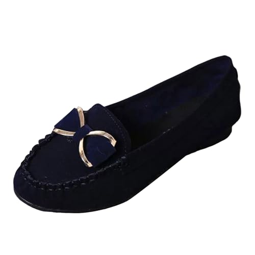 Loafer Damen Mokassins Flache Slipper Metall Einzelschuhe Flache Slipper Faule Schuhe Zehenschuhe Damenschuhe Lederschuhe Freizeitschuhe Bowknot Schlupfschuhe Slip on Bequemschuhe Flach (Blue, 41) von VBEDKDEB