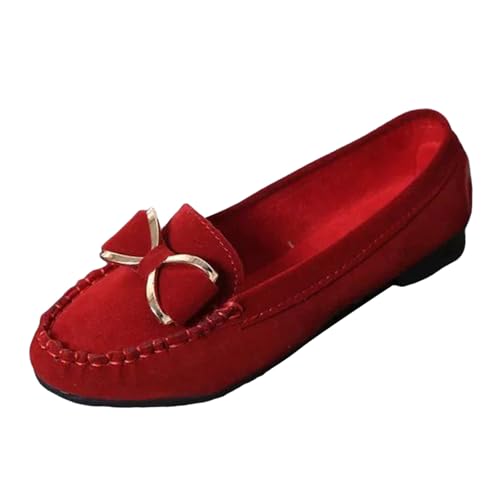 Loafer Damen Mokassins Flache Slipper Metall Einzelschuhe Flache Slipper Faule Schuhe Zehenschuhe Damenschuhe Lederschuhe Freizeitschuhe Bowknot Schlupfschuhe Slip on Bequemschuhe Flach (Red, 39) von VBEDKDEB