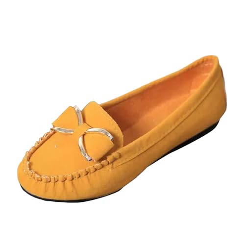 Loafer Damen Mokassins Flache Slipper Metall Einzelschuhe Flache Slipper Faule Schuhe Zehenschuhe Damenschuhe Lederschuhe Freizeitschuhe Bowknot Schlupfschuhe Slip on Bequemschuhe Flach (Yellow, 37) von VBEDKDEB