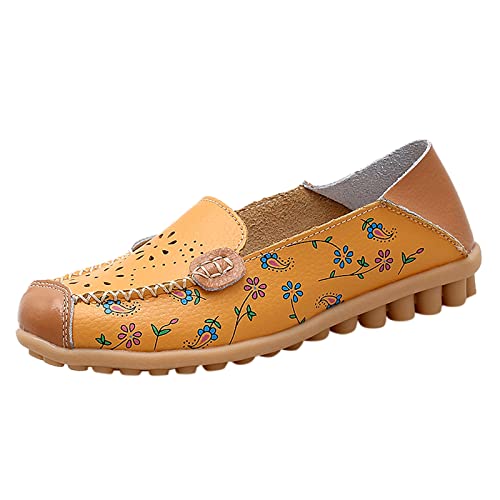 Loafer Damen Mokassins Flache Slipper Mode Frauen atmungsaktive Spitze up Schuhe Wohnung beiläufige Halbschuhe Bequem Slip on Bequemschuhe (Yellow, 38) von VBEDKDEB