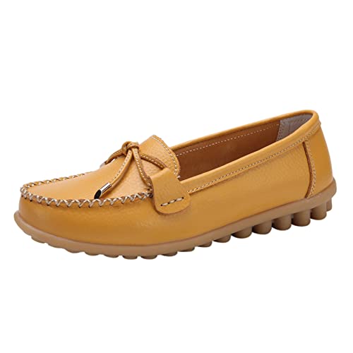 Loafer Damen Mokassins Flache Slipper Mode Frauen atmungsaktive Spitze up Schuhe Wohnung beiläufige Halbschuhe Schlupfschuhe Bequem Flats (Yellow, 39) von VBEDKDEB