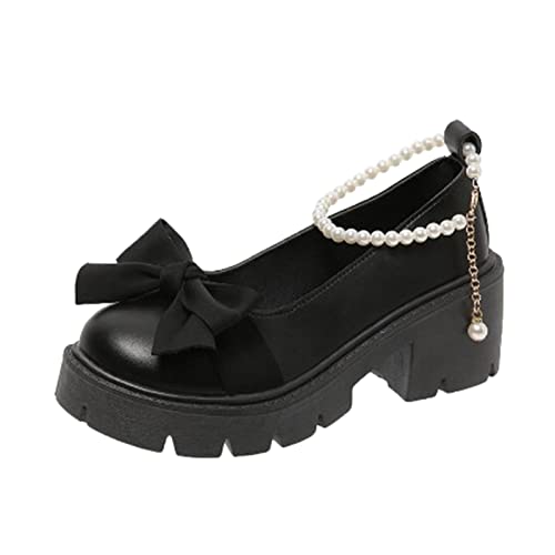 Mary Jane Schuhe Damen Britische massivem mit Bowknot Perlenschnalle, Dicke High Heel Freizeitschuhe Mary Jane Halbschuhe Für Damen (38) von VBEDKDEB