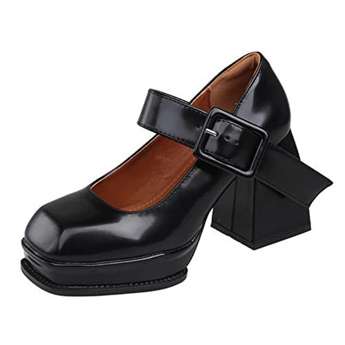 Mary Jane Schuhe Damen Damenschuhe Mode Lässige Lederschuhe Schnalle High Heels Dicke Absätze Einzelne Schuhe Freizeitschuhe Classic Mary Jane Holzschuh (40) von VBEDKDEB
