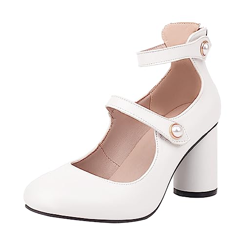 Pumps Damen 2023 Große Größe Eines Wortes Mit High Heels Runden Dick Mit Einzelnen Schuhen Hochzeit Schuhe Weibliche Plateau Pumps Damen (White, 42) von VBEDKDEB