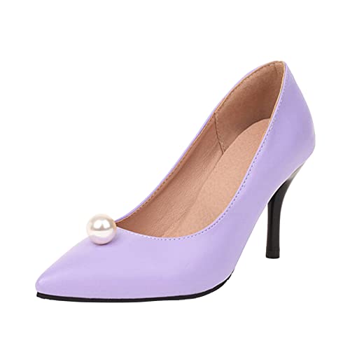Pumps Damen Volltonfarbe Perle Dekoration Spitzschuh Dünne High Heel Lässige Einzelschuhe Damen Pumps Schwarz (Purple, 41) von VBEDKDEB