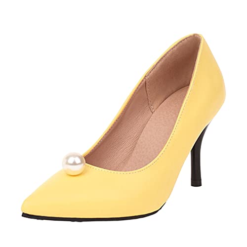 Pumps Damen Volltonfarbe Perle Dekoration Spitzschuh Dünne High Heel Lässige Einzelschuhe Damen Pumps Schwarz (Yellow, 40) von VBEDKDEB