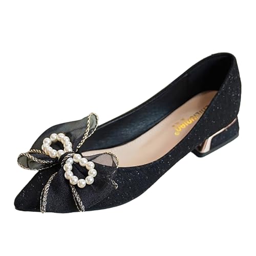 Pumps Damen dick hochhackige Damen 2024 Frühjahr koreanische Version Perlenbogen bequemer mittlerer Absatz Flacher Mund Damenschuhe Pumps Silber (38) von VBEDKDEB