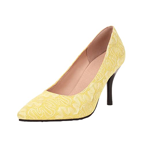 Pumps Damen einfarbig Spitze Mesh Zehen dünne High Heel Casual Single Schuhe Schuhe Damen Elegant Pumps (Yellow, 37) von VBEDKDEB