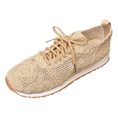 Sneaker Damen Freizeitschuhe Turnschuhe Slipper Atmungsaktive Mesh Sportschuhe für Damen, modische, flache Schnürschuhe mit weicher Sohle, einfarbige Freizeitschuhe Damen Sneaker Leder (Beige, 43) von VBEDKDEB