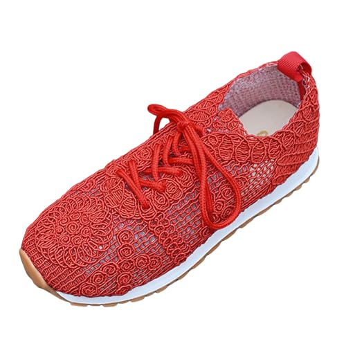 Sneaker Damen Freizeitschuhe Turnschuhe Slipper Atmungsaktive Mesh Sportschuhe für Damen, modische, flache Schnürschuhe mit weicher Sohle, einfarbige Freizeitschuhe Damen Sneaker Leder (Red, 43) von VBEDKDEB
