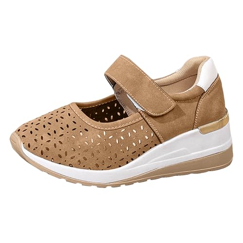 Sneaker Damen Laufschuhe Slip on Turnschuhe Schuhe mit dicker Sohle Keilabsatz für Mädchen zum Tragen im Freien. Modische, ausgehöhlte Kappe, atmungsaktive bequeme Weiße Leder Sneaker (Khaki, 37) von VBEDKDEB