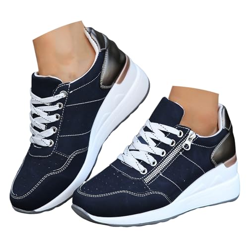 Sneaker Damen Laufschuhe Turnschuhe Sportschuhe Damen Freizeitschuhe mit Schnürung und Keilabsatz, dicker Sohle, modische Schnürschuhe weicher geschlossene Zehenpartie, atmungsaktive (Blue, 41) von VBEDKDEB