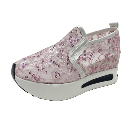 Sneaker Damen Slip on Freizeitschuhe Sportschuhe Damenschuhe, bequeme Freizeitschuhe mit weicher Sohle, modische, atmungsaktive aus Spitzennetzgewebe für den Außenbereich Slip On Sneaker (Red, 38) von VBEDKDEB