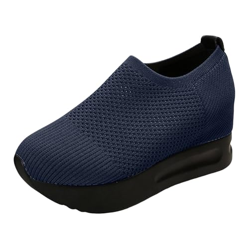 Sneaker Damen Turnschuhe Freizeitschuhe Slipper Neue Hohl Mesh Frauen Einzelschuhe Fliegen Woven Casual Keilabsatz Dicken Boden Slip Auf Schuhe Sommerschuhe (Blue, 39) von VBEDKDEB