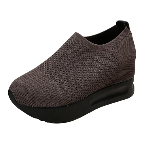 Sneaker Damen Turnschuhe Freizeitschuhe Slipper Neue Hohl Mesh Frauen Einzelschuhe Fliegen Woven Casual Keilabsatz Dicken Boden Slip Auf Schuhe Sommerschuhe (Coffee, 42) von VBEDKDEB